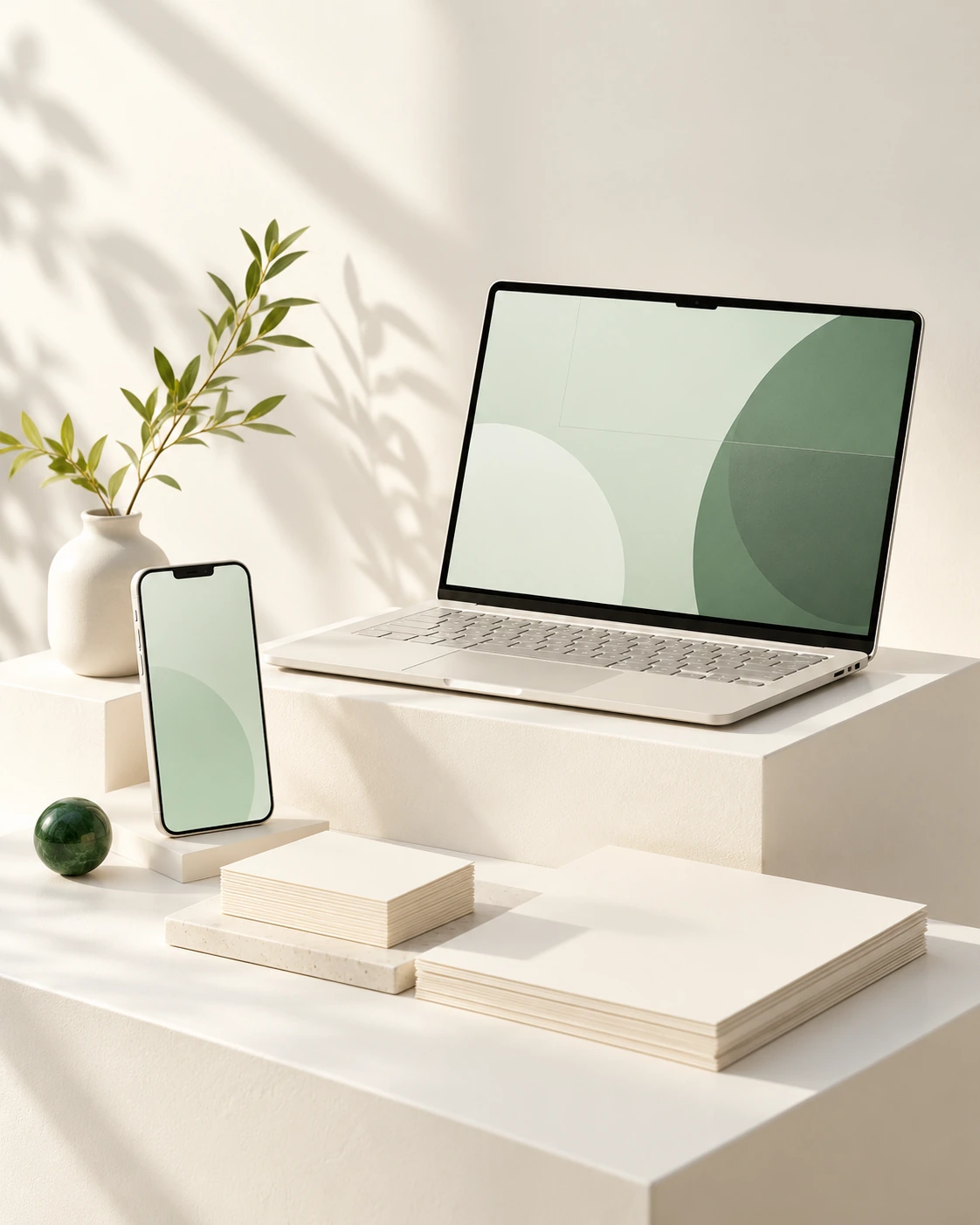 A bright creative workspace with a laptop, smartphone, and stationery